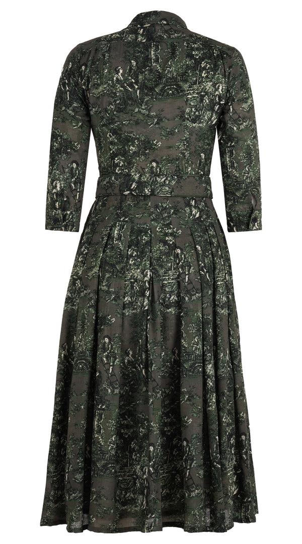 Samantha Sung Audrey Dress #4 Shirt Collar 3/4 Sleeve Midi Length Wool (Antilles Toile Ground) - Taupe Green
