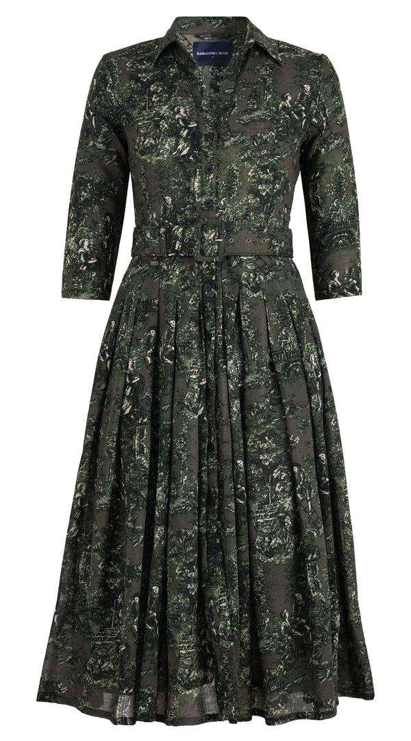 samantha sung Audrey Dress #4 Shirt Collar 3/4 Sleeve Midi Length Wool (Antilles Toile Ground) - Taupe Green