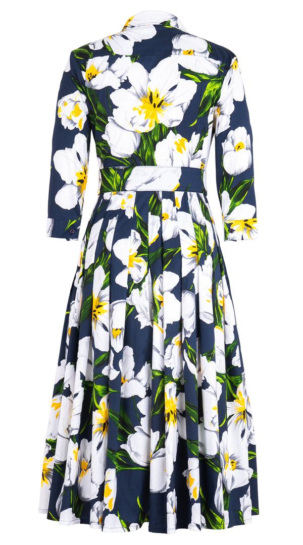 Samantha Sung Audrey Dress #4 Shirt Collar 3/4 Sleeve Midi Length Cotton Stretch (Emperor Tulip Bright) 1