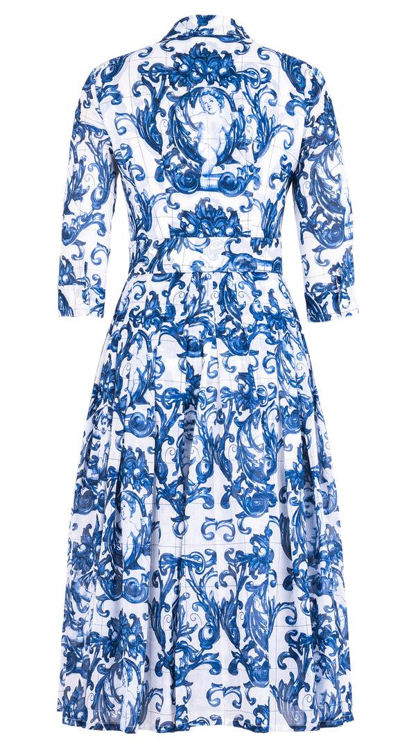 Samantha Sung Audrey Dress #4 Shirt Collar 3/4 Sleeve Midi Length Cotton Musola (Cherub Tile) 1