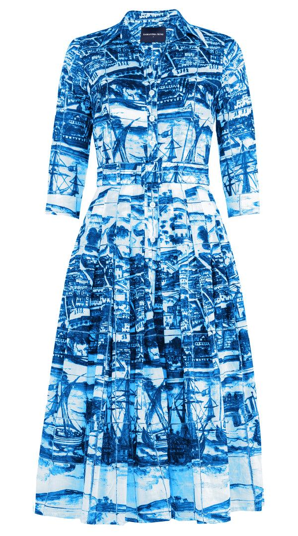 Samantha Sung Audrey Dress #4 Shirt Collar 3/4 Sleeve Midi Length Musola (Azulejo) XS-XXL