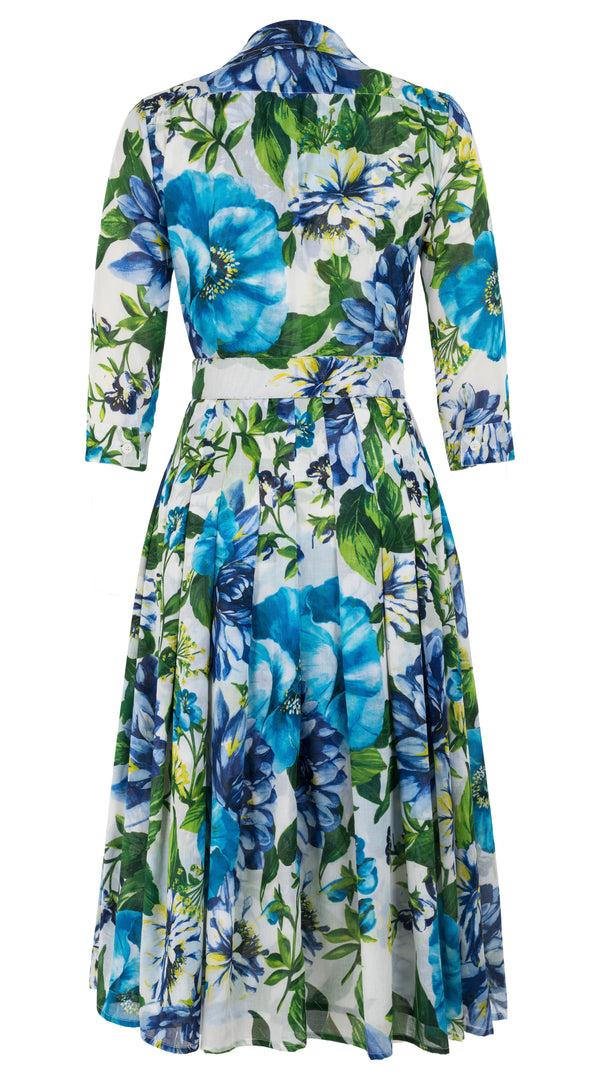 Samantha Sung Audrey Dress #4 Shirt Collar 3/4 Sleeve Midi Length Cotton Musola (Los Cabos Flower White) 6