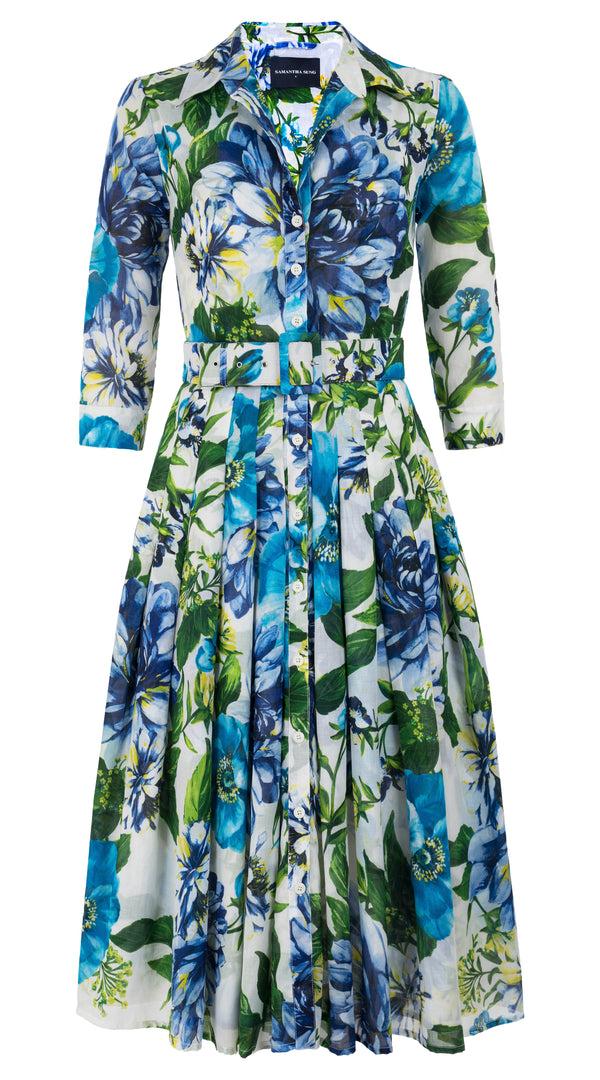 samantha sung Audrey Dress #4 Shirt Collar 3/4 Sleeve Midi Length Cotton Musola (Los Cabos Flower White) 6