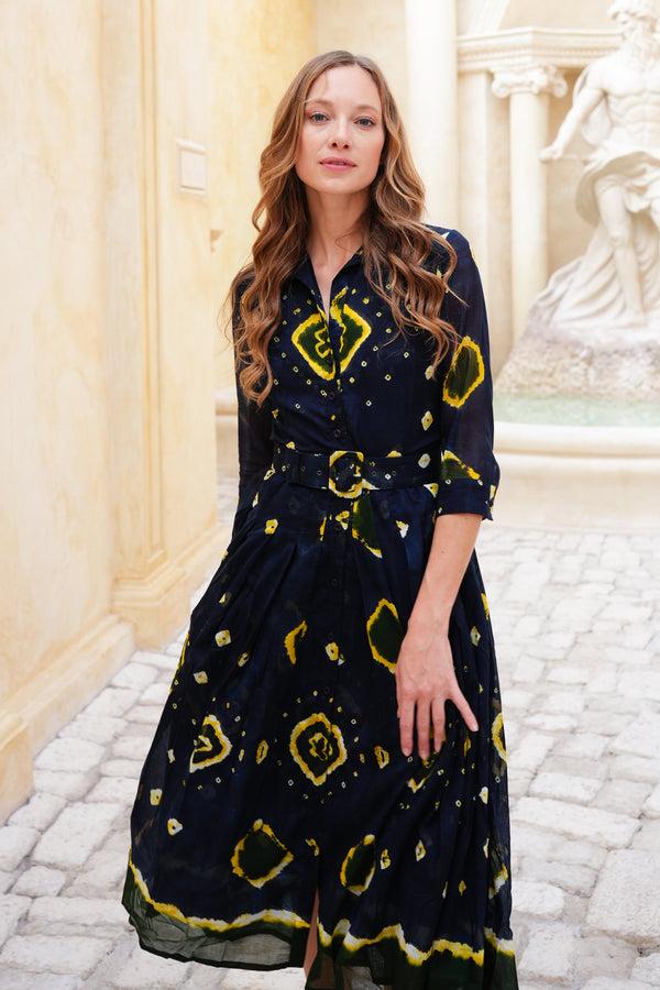 Samantha Sung Audrey Dress #4 Shirt Collar 3/4 Sleeve Midi Length Cotton Musola (Tahikistan Tie Dye)
