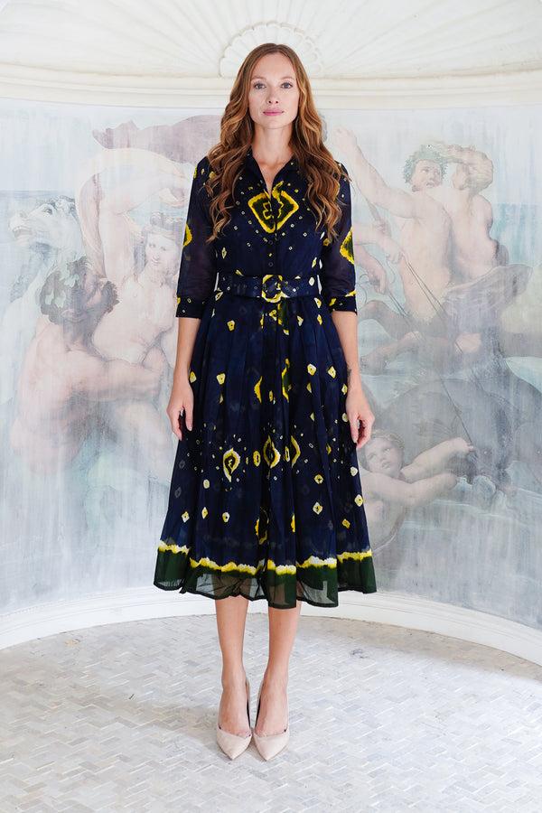 Samantha Sung Audrey Dress #4 Shirt Collar 3/4 Sleeve Midi Length Cotton Musola (Tahikistan Tie Dye)