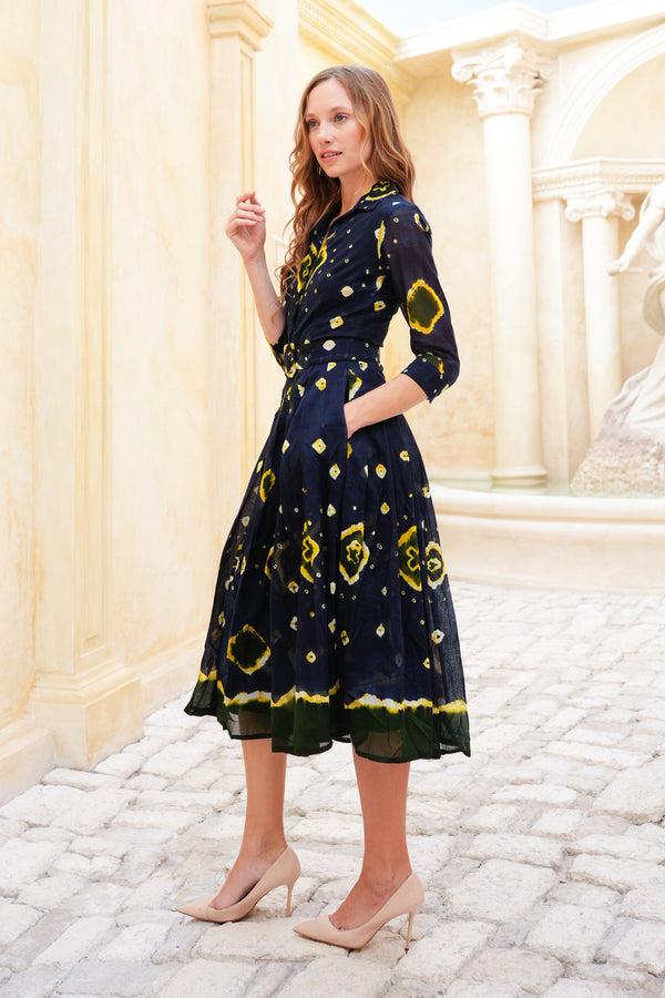 Samantha Sung Audrey Dress #4 Shirt Collar 3/4 Sleeve Midi Length Cotton Musola (Tahikistan Tie Dye)