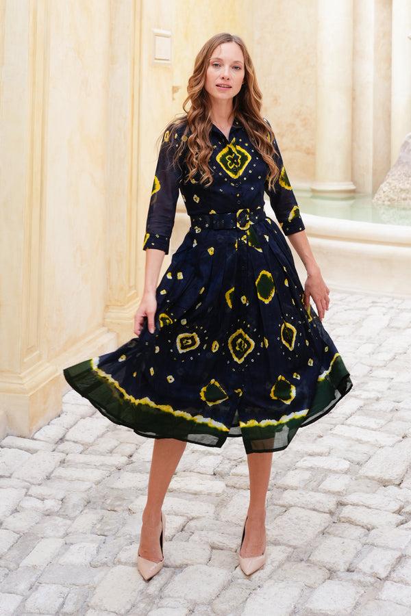 samantha sung Audrey Dress #4 Shirt Collar 3/4 Sleeve Midi Length Cotton Musola (Tahikistan Tie Dye)