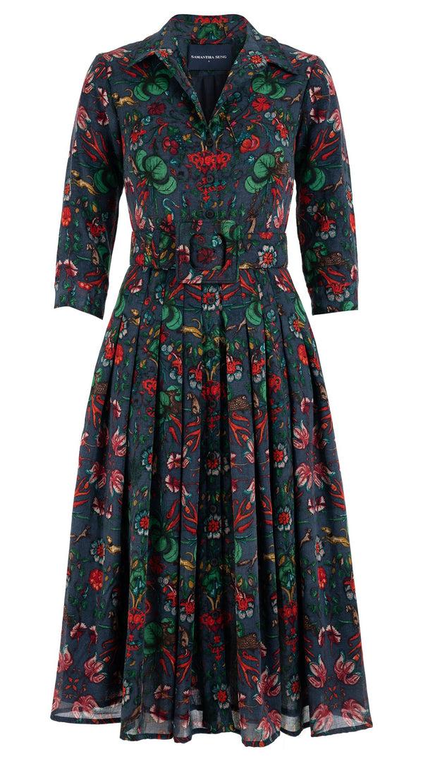 Samantha Sung Audrey Dress #4 Shirt Collar 3/4 Sleeve Midi Length Wool (Deer Stalker) - Indigo