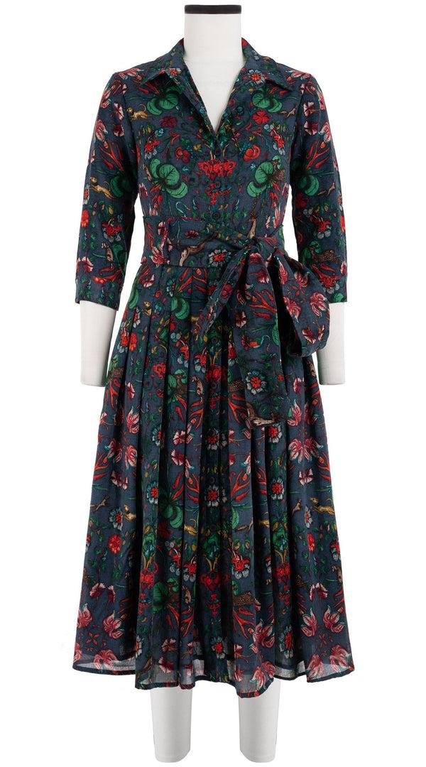 Samantha Sung Audrey Dress #4 Shirt Collar 3/4 Sleeve Midi Length Wool (Deer Stalker) - Indigo