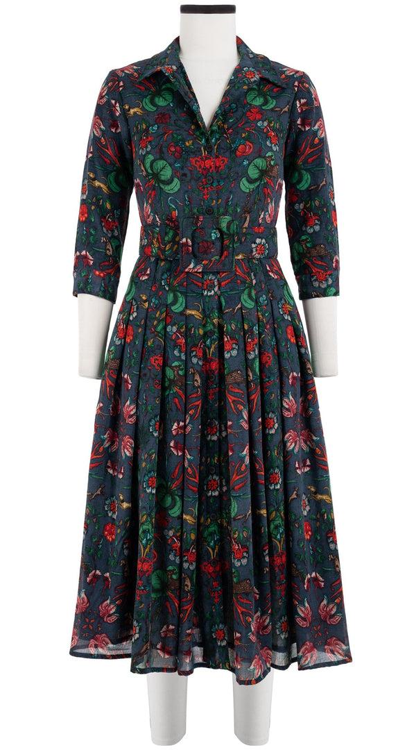 samantha sung Audrey Dress #4 Shirt Collar 3/4 Sleeve Midi Length Wool (Deer Stalker) - Indigo