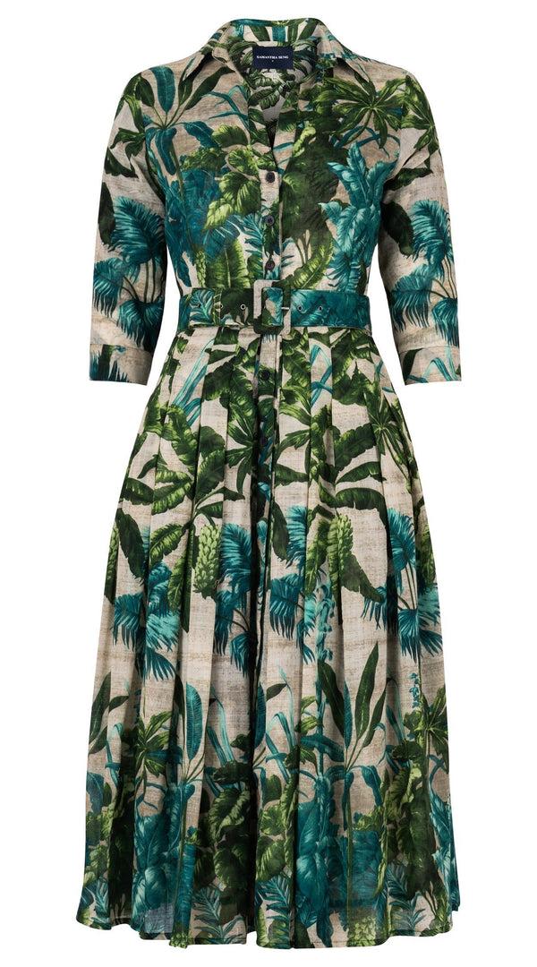 samantha sung Audrey Dress #4 Shirt Collar 3/4 Sleeve Midi Length Wool (Vintage Palm Beige) - Beige Green