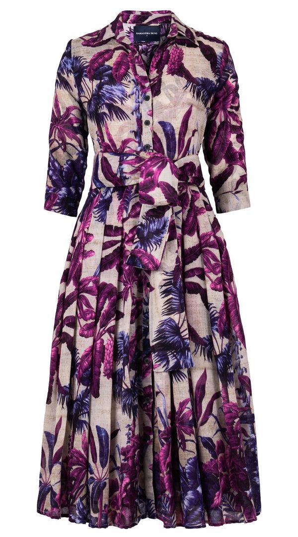 Samantha Sung Audrey Dress #4 Shirt Collar 3/4 Sleeve Midi Length Wool (Vintage Palm Beige) - Beige Lilac