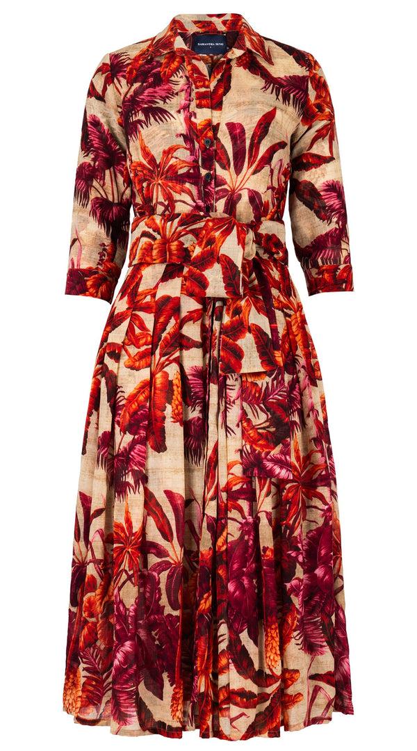 Samantha Sung Audrey Dress #4 Shirt Collar 3/4 Sleeve Midi Length Wool (Vintage Palm Beige) - Beige Orange