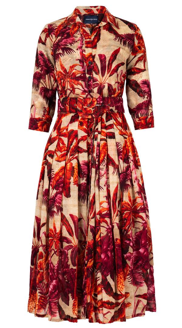 samantha sung Audrey Dress #4 Shirt Collar 3/4 Sleeve Midi Length Wool (Vintage Palm Beige) - Beige Orange