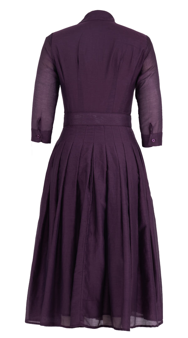 Samantha Sung Audrey Dress #4 Shirt Collar 3/4 Sleeve Midi Length Silk Cotton (Solid) 3