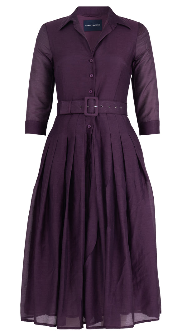 Samantha Sung Audrey Dress #4 Shirt Collar 3/4 Sleeve Midi Length Silk Cotton (Solid) 3