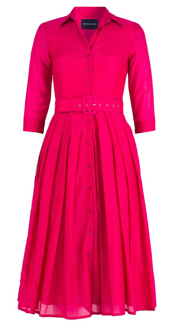 samantha sung Audrey Dress #4 Shirt Collar 3/4 Sleeve Midi Length Silk Cotton (Solid) 3