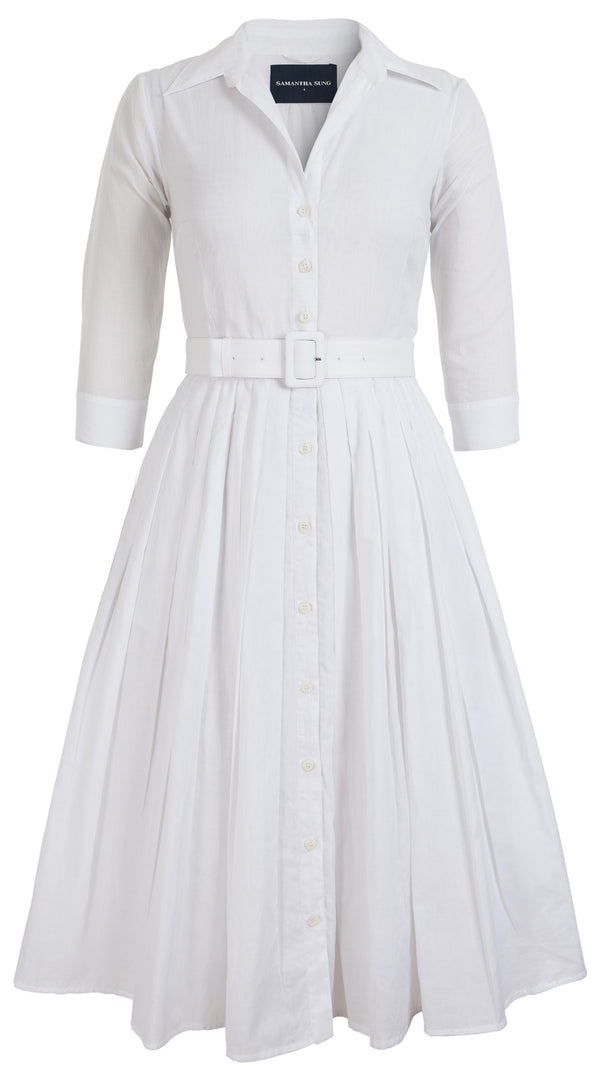 Samantha Sung Audrey Dress #4 Shirt Collar 3/4 Sleeve Midi Length Cotton Musola_Solid_White