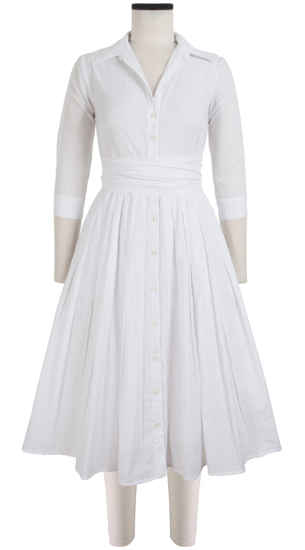 Samantha Sung Audrey Dress #4 Shirt Collar 3/4 Sleeve Midi Length Cotton Musola_Solid_White