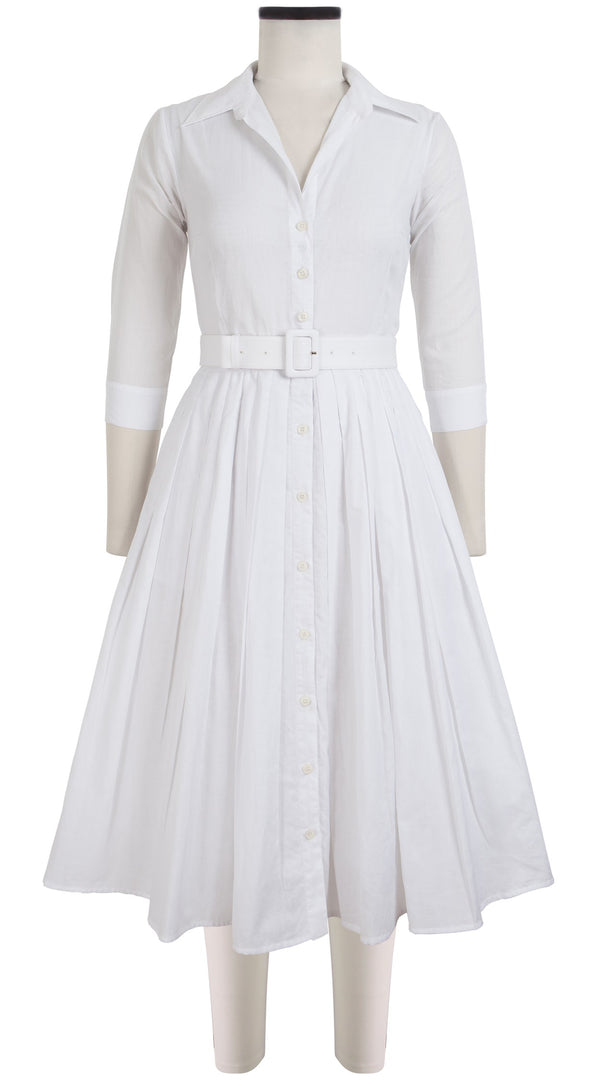 samantha sung Audrey Dress #4 Shirt Collar 3/4 Sleeve Midi Length Cotton Musola_Solid_White