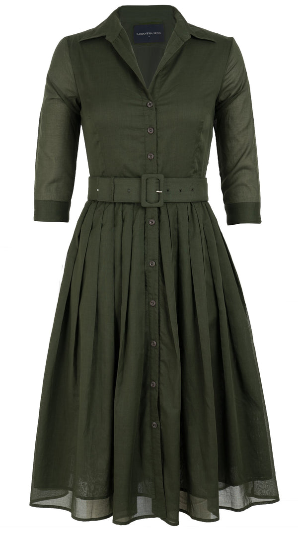 Samantha Sung Audrey Dress #4 Shirt Collar 3/4 Sleeve Midi Length Cotton Musola_Solid_Khaki Green