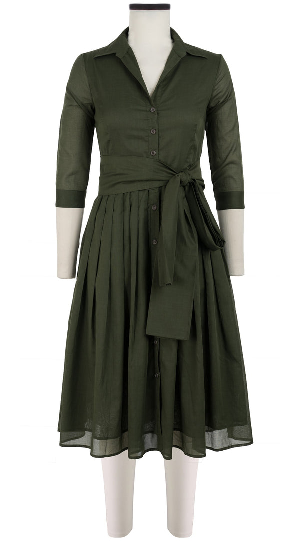 Samantha Sung Audrey Dress #4 Shirt Collar 3/4 Sleeve Midi Length Cotton Musola_Solid_Khaki Green