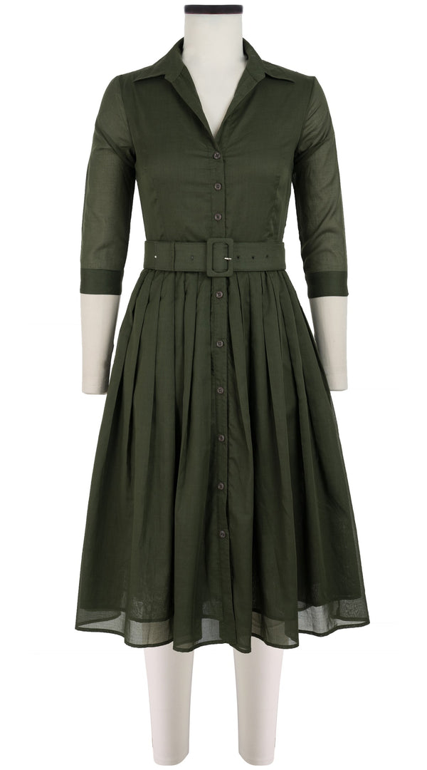 samantha sung Audrey Dress #4 Shirt Collar 3/4 Sleeve Midi Length Cotton Musola_Solid_Khaki Green