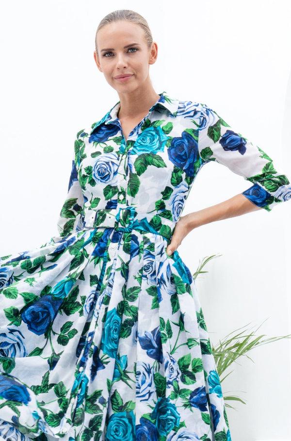 Samantha Sung Audrey Dress #4 Shirt Collar 3/4 Sleeve Midi Length Cotton Musola (Charlotte Rose Small)