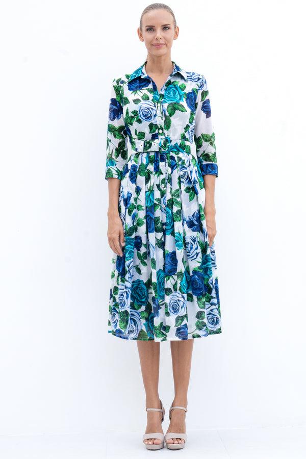 samantha sung Audrey Dress #4 Shirt Collar 3/4 Sleeve Midi Length Cotton Musola (Charlotte Rose Small)