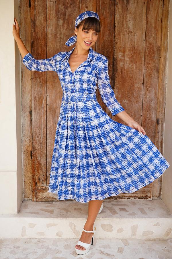 samantha sung Audrey Dress #4 Shirt Collar 3/4 Sleeve Midi Length Cotton Musola (Ratan Houndstooth)