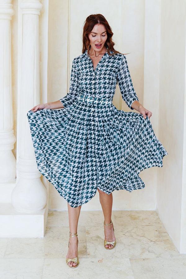 Samantha Sung Audrey Dress #4 Shirt Collar 3/4 Sleeve Midi Length Cotton Musola (Houndstooth Toile White)