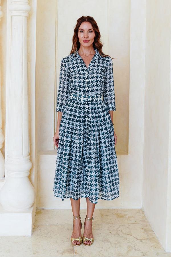 Samantha Sung Audrey Dress #4 Shirt Collar 3/4 Sleeve Midi Length Cotton Musola (Houndstooth Toile White)
