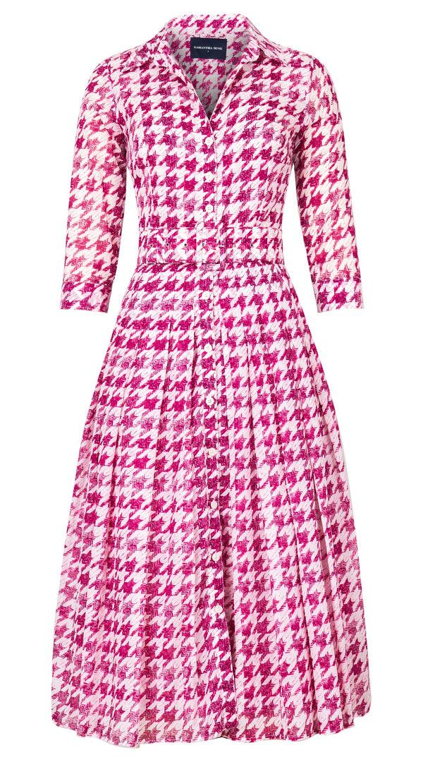 samantha sung Audrey Dress #4 Shirt Collar 3/4 Sleeve Midi Length Cotton Musola (Houndstooth Toile White)