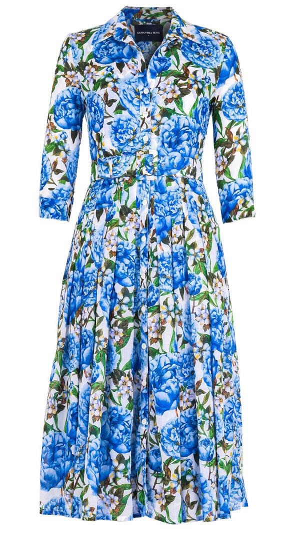 Samantha Sung Audrey Dress #4 Shirt Collar 3/4 Sleeve Midi Length Cotton Musola (Pink Peony)