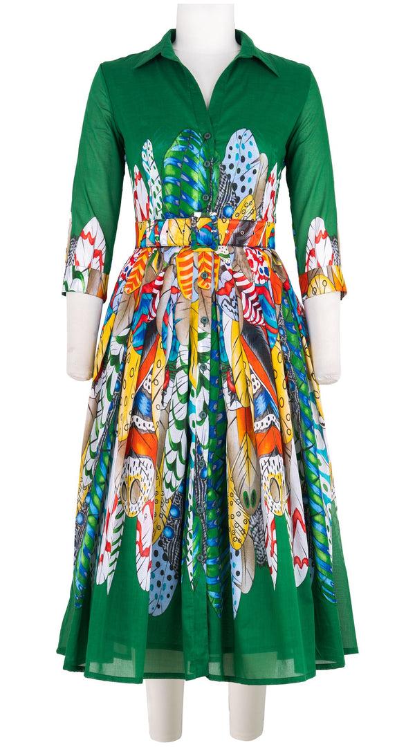 samantha sung Audrey Dress #4 Shirt Collar 3/4 Sleeve Midi Length Cotton Musola (African Feather)