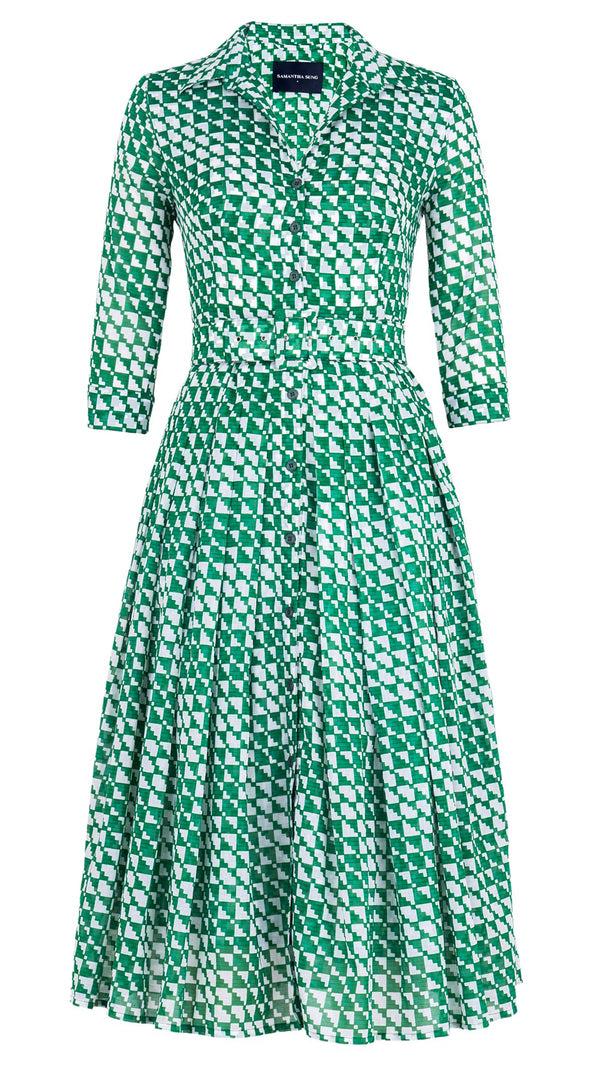 Samantha Sung Audrey Dress #4 Shirt Collar 3/4 Sleeve Midi Length Cotton Musola (Bamboo Weave)