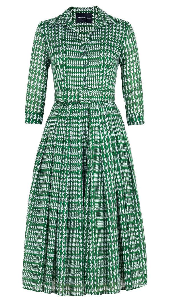 samantha sung Audrey Dress #4 Shirt Collar 3/4 Sleeve Midi Length Cotton Musola (Linen Glenplaid Solid)