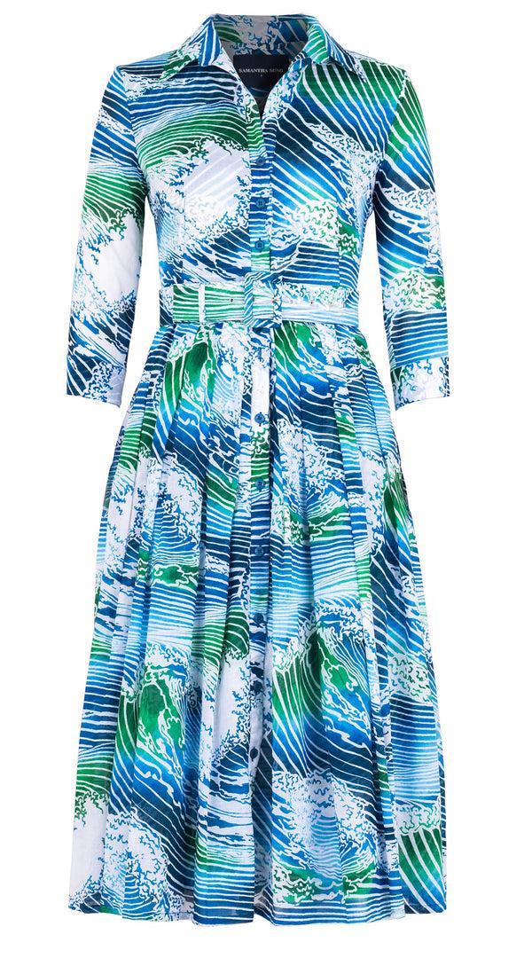Samantha Sung Audrey Dress #4 Shirt Collar 3/4 Sleeve Midi Length Cotton Musola (Pacific Wave)