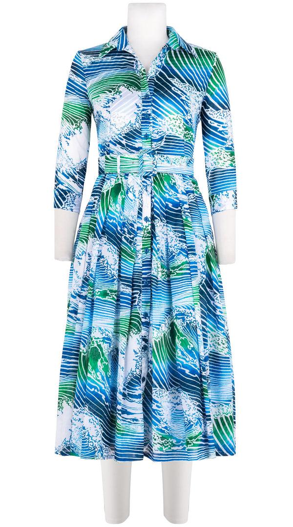 samantha sung Audrey Dress #4 Shirt Collar 3/4 Sleeve Midi Length Cotton Musola (Pacific Wave)