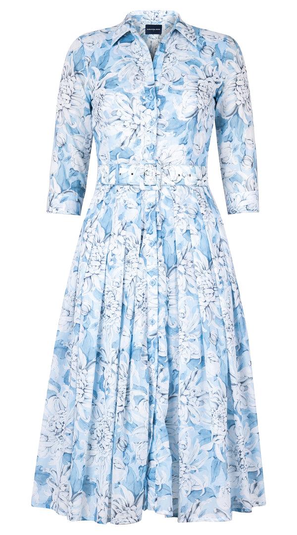 Samantha Sung Audrey Dress #4 Shirt Collar 3/4 Sleeve Midi Length Cotton Musola (Chrysanthemum Flower Big)