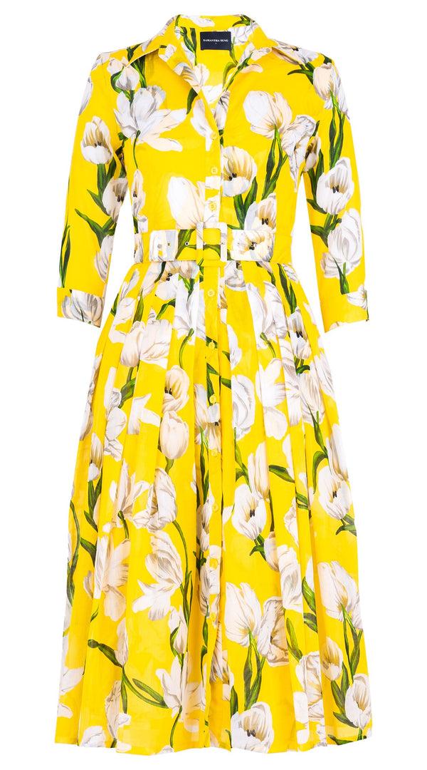 Samantha Sung Audrey Dress #4 Shirt Collar 3/4 Sleeve Midi Length Cotton Musola (Emperor Tulip Bright)