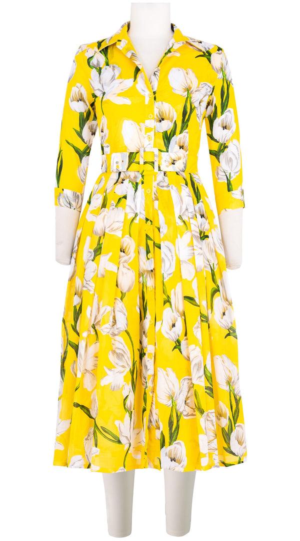 samantha sung Audrey Dress #4 Shirt Collar 3/4 Sleeve Midi Length Cotton Musola (Emperor Tulip Bright)
