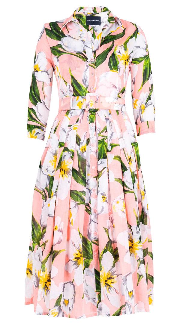 Samantha Sung Audrey Dress #4 Shirt Collar 3/4 Sleeve Midi Length Cotton Musola (Emperor Tulip Pastel)