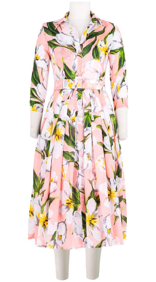 samantha sung Audrey Dress #4 Shirt Collar 3/4 Sleeve Midi Length Cotton Musola (Emperor Tulip Pastel)