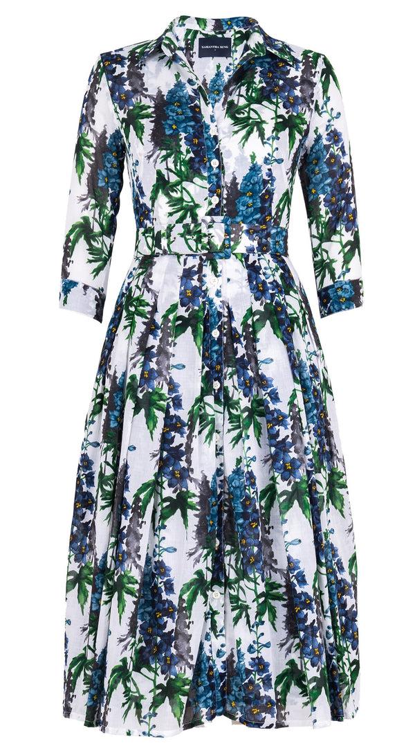 Samantha Sung Audrey Dress #4 Shirt Collar 3/4 Sleeve Midi Length Cotton Musola (Campanula Flower White)