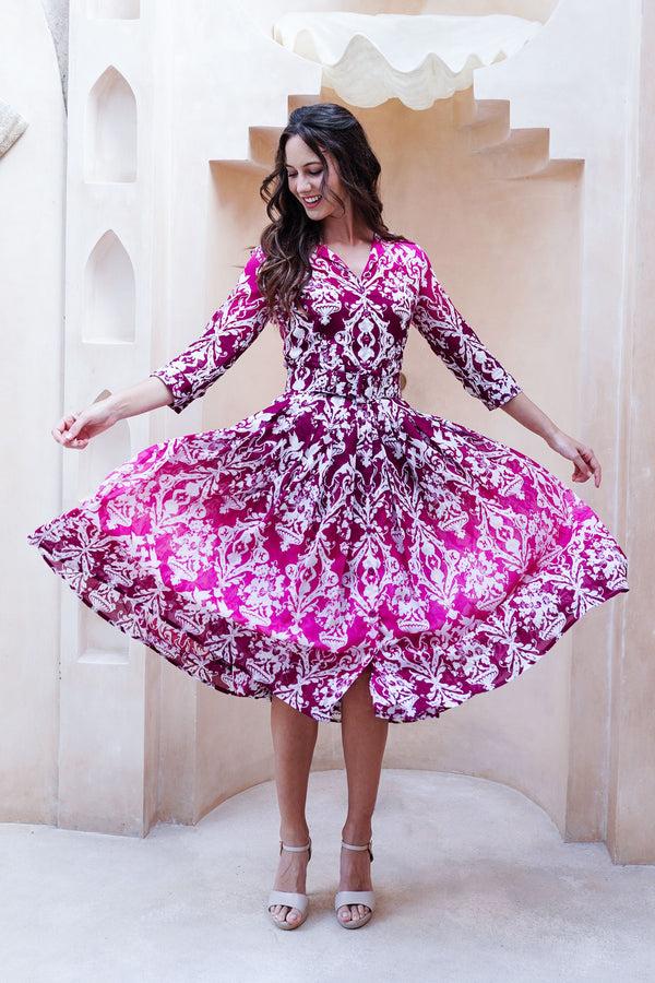 Samantha Sung Audrey Dress #4 Shirt Collar 3/4 Sleeve Midi Length Cotton Musola (Impero Ombre)