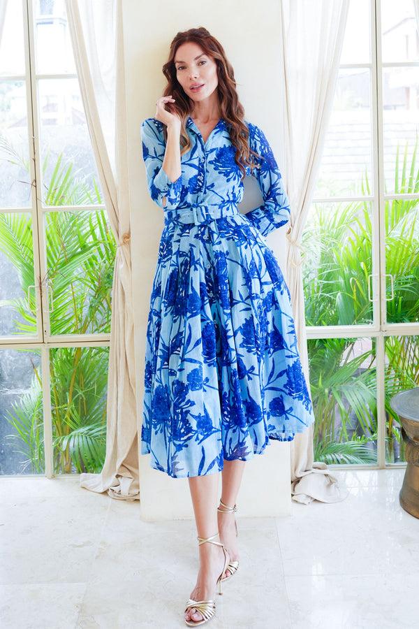 Samantha Sung Audrey Dress #4 Shirt Collar 3/4 Sleeve Midi Length Cotton Musola (Primavery Silhouette Ground)