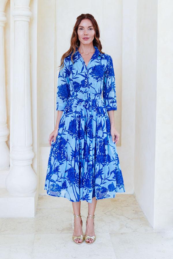 samantha sung Audrey Dress #4 Shirt Collar 3/4 Sleeve Midi Length Cotton Musola (Primavery Silhouette Ground)