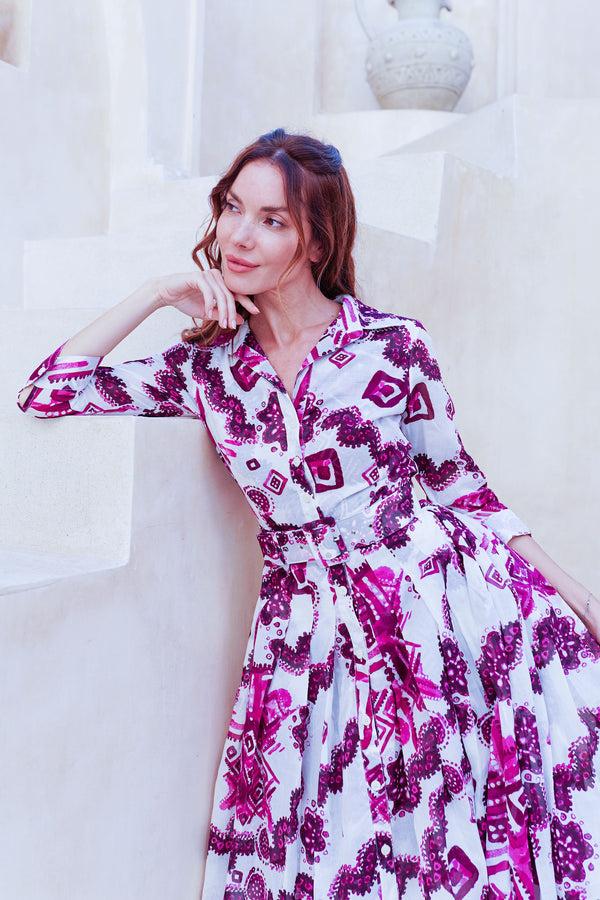 Samantha Sung Audrey Dress #4 Shirt Collar 3/4 Sleeve Midi Length Cotton Musola (Tie Dye Izmir Small White)