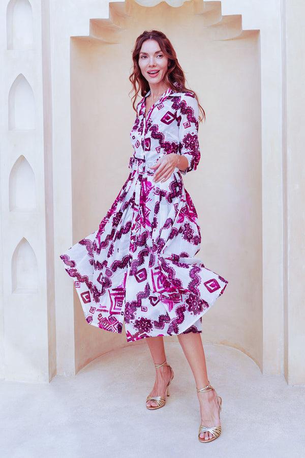 Samantha Sung Audrey Dress #4 Shirt Collar 3/4 Sleeve Midi Length Cotton Musola (Tie Dye Izmir Small White)